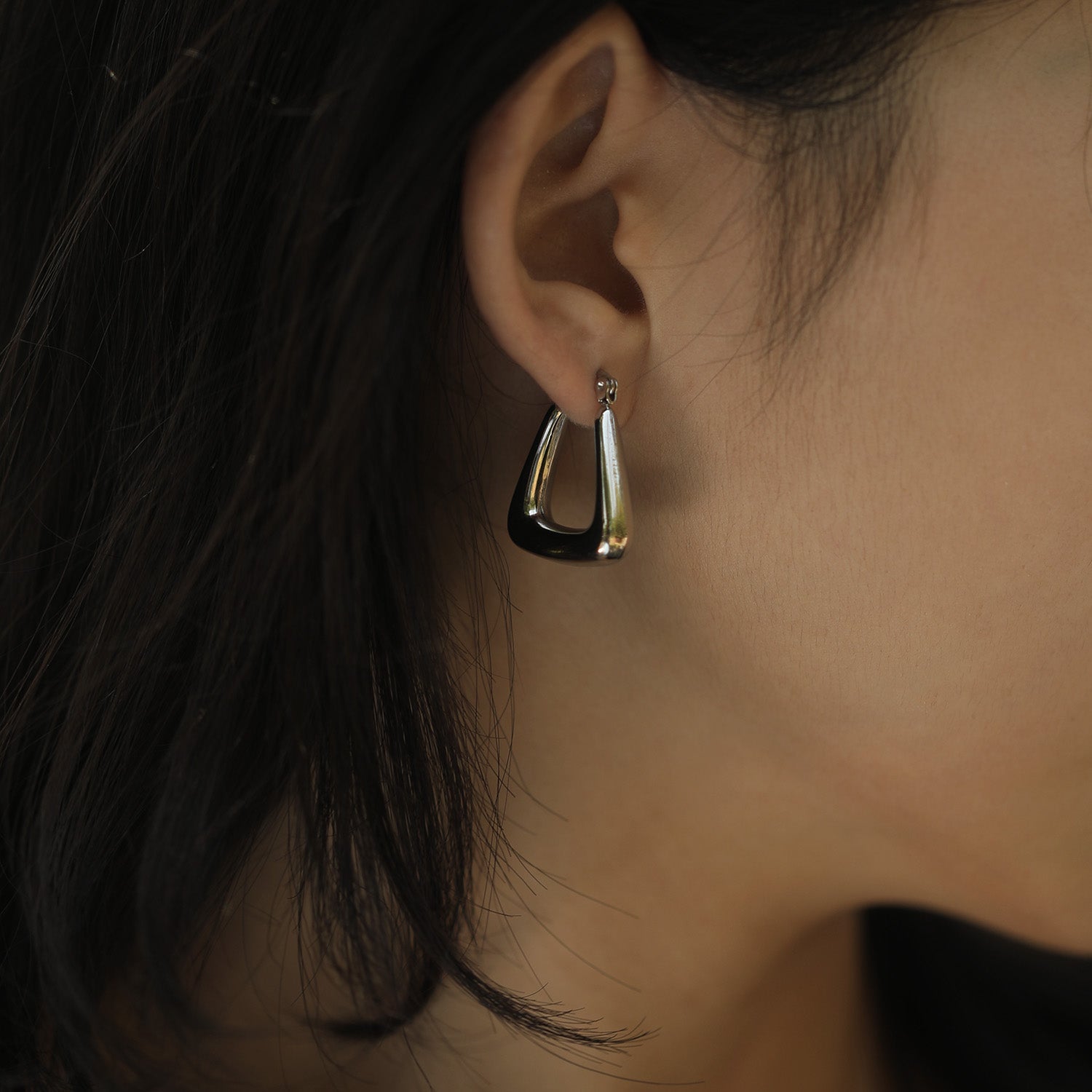 ANIKA: White Gold (Silver Toned) Triangular Chunky Mini Hoop Earrings