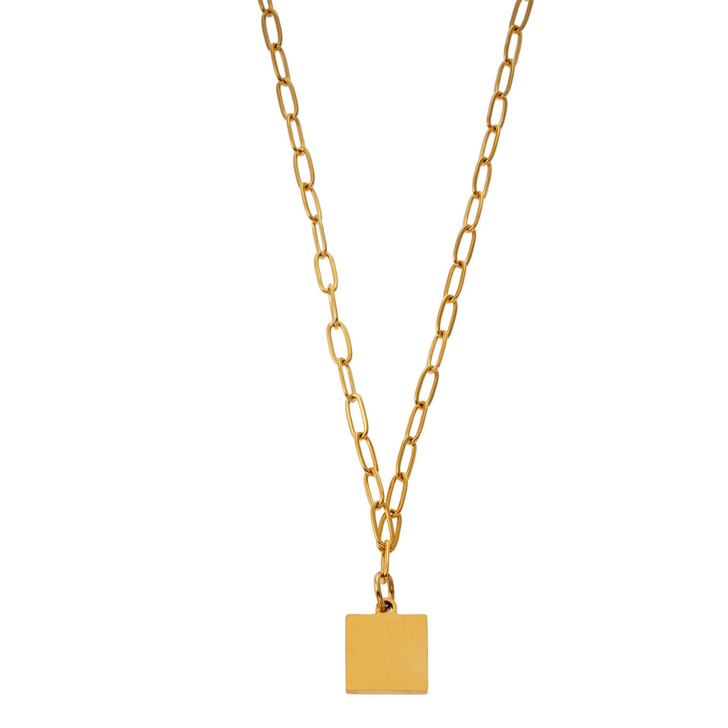 Style ANNABELLA: Minimalist Metal & Shell Square Pendant on a Paper-Clip Chain Necklace.