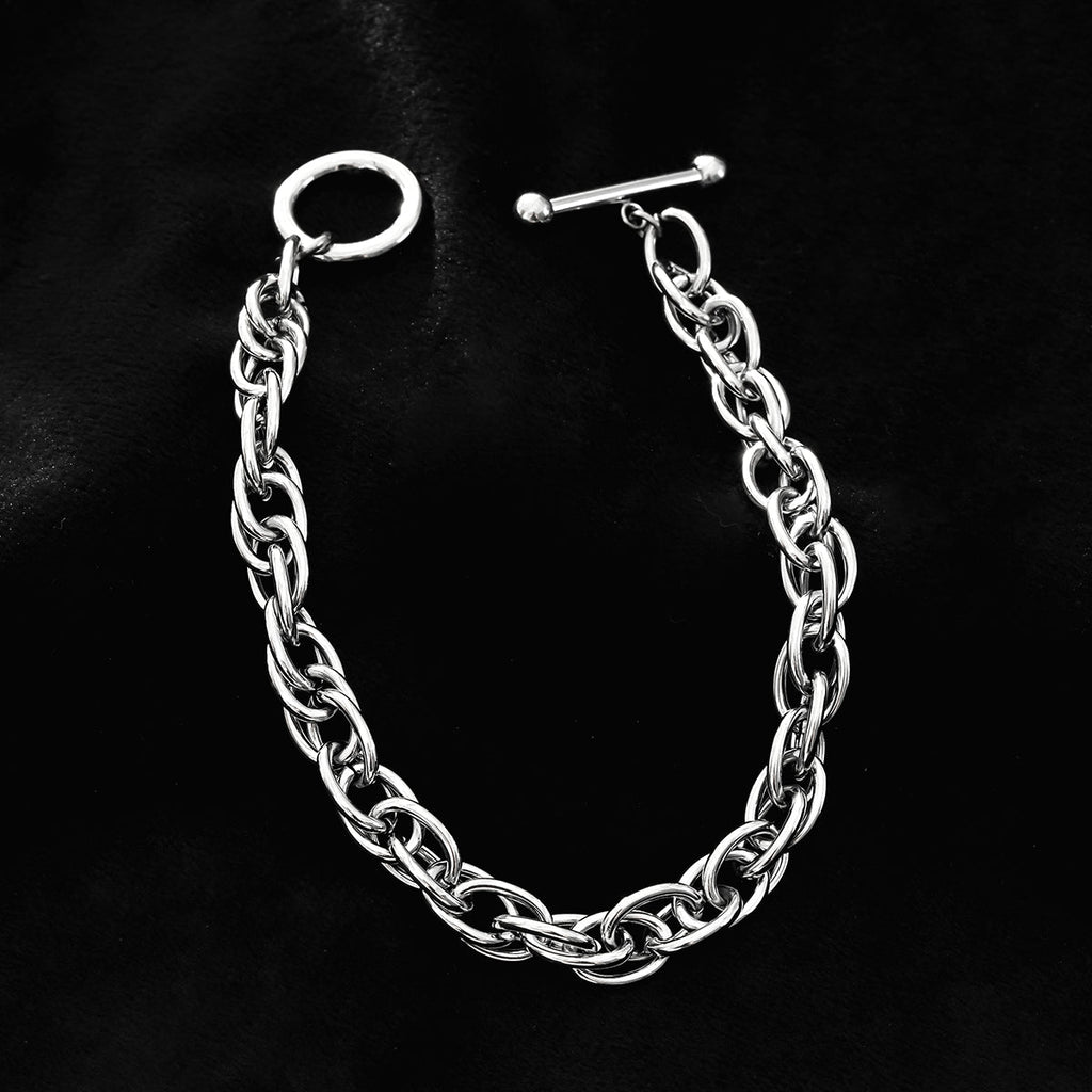 ARDA Silver Toned White Gold: Chunky Intricate Multi-Link Bracelet with Circle & T-Stopper