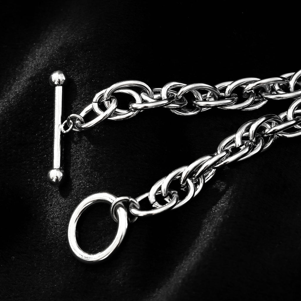 ARDA Silver Toned White Gold: Chunky Intricate Multi-Link Bracelet with Circle & T-Stopper