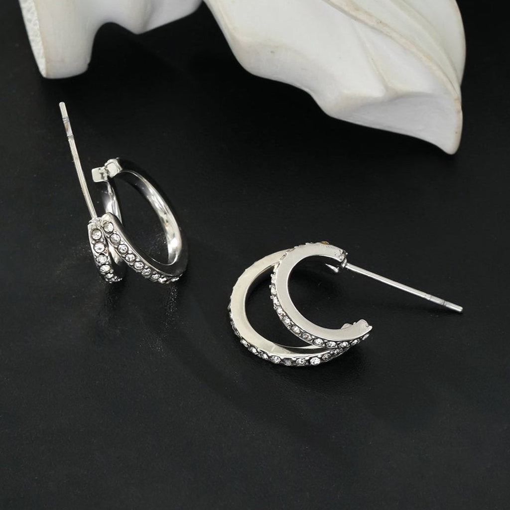 BOTEGA: Double Banded Pavé Zirconia (CZ) Gemstones Embedded Hoop Earrings in Silver