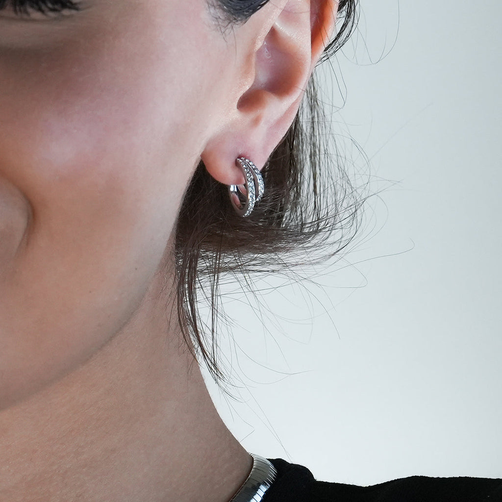 BOTEGA: Double Banded Pavé Zirconia (CZ) Gemstones Embedded Hoop Earrings in Silver