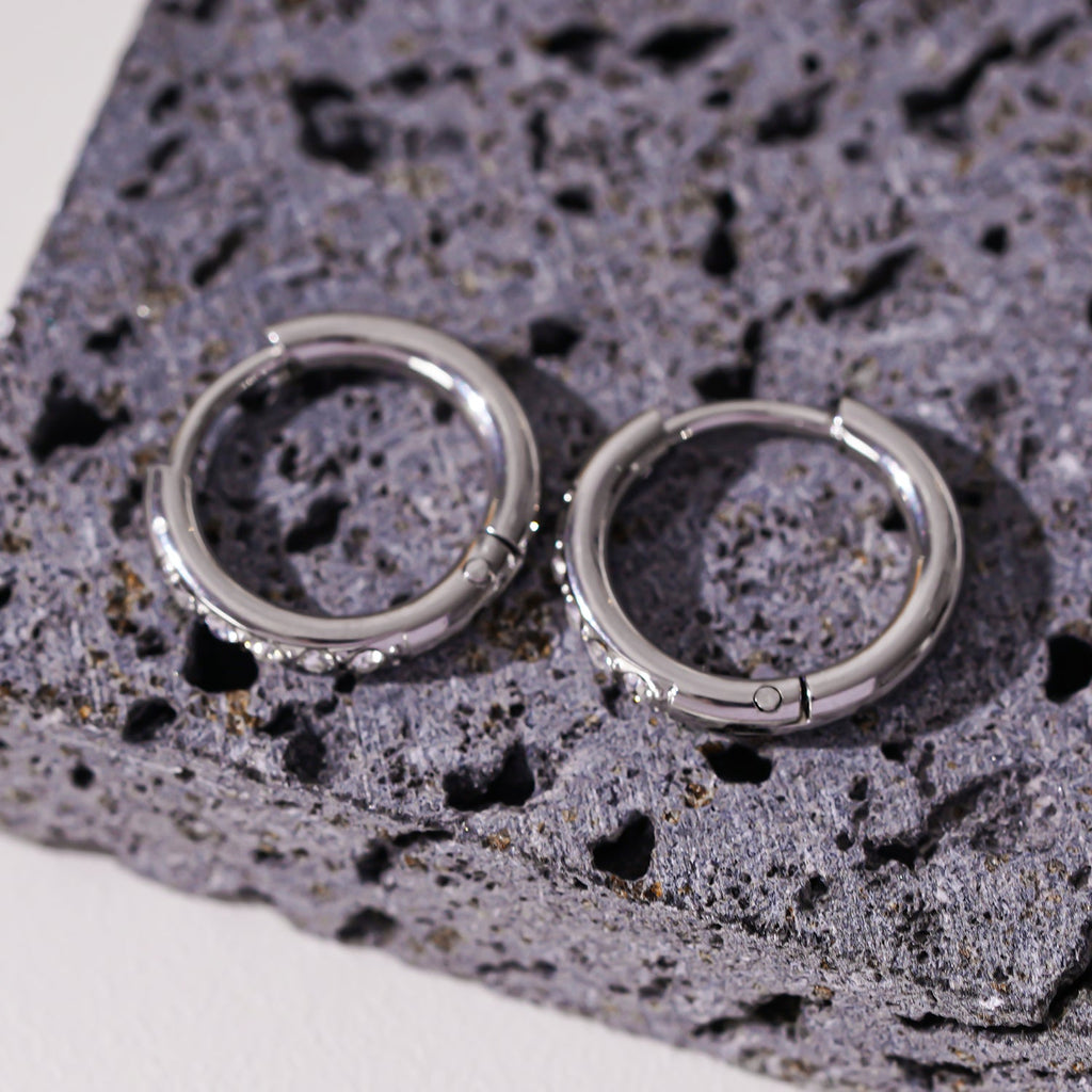 DARCI: Pavé Zirconia Gemstone Embedded Classic Mini Hoop in Silver