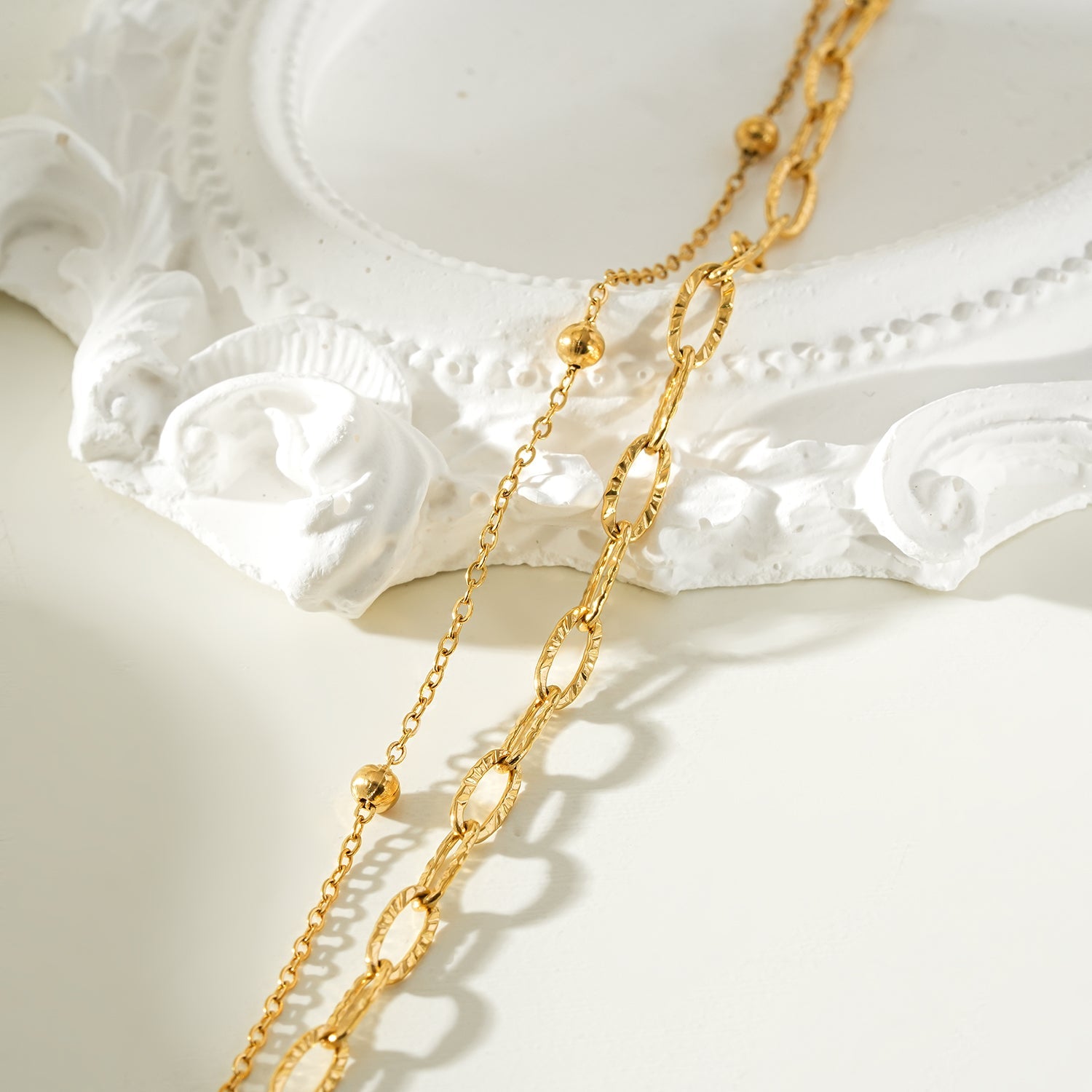CASTILA Gold Bracelet:  Double Stacked Paper Clip Chain &  Beaded Chain - Dazzle in Duality