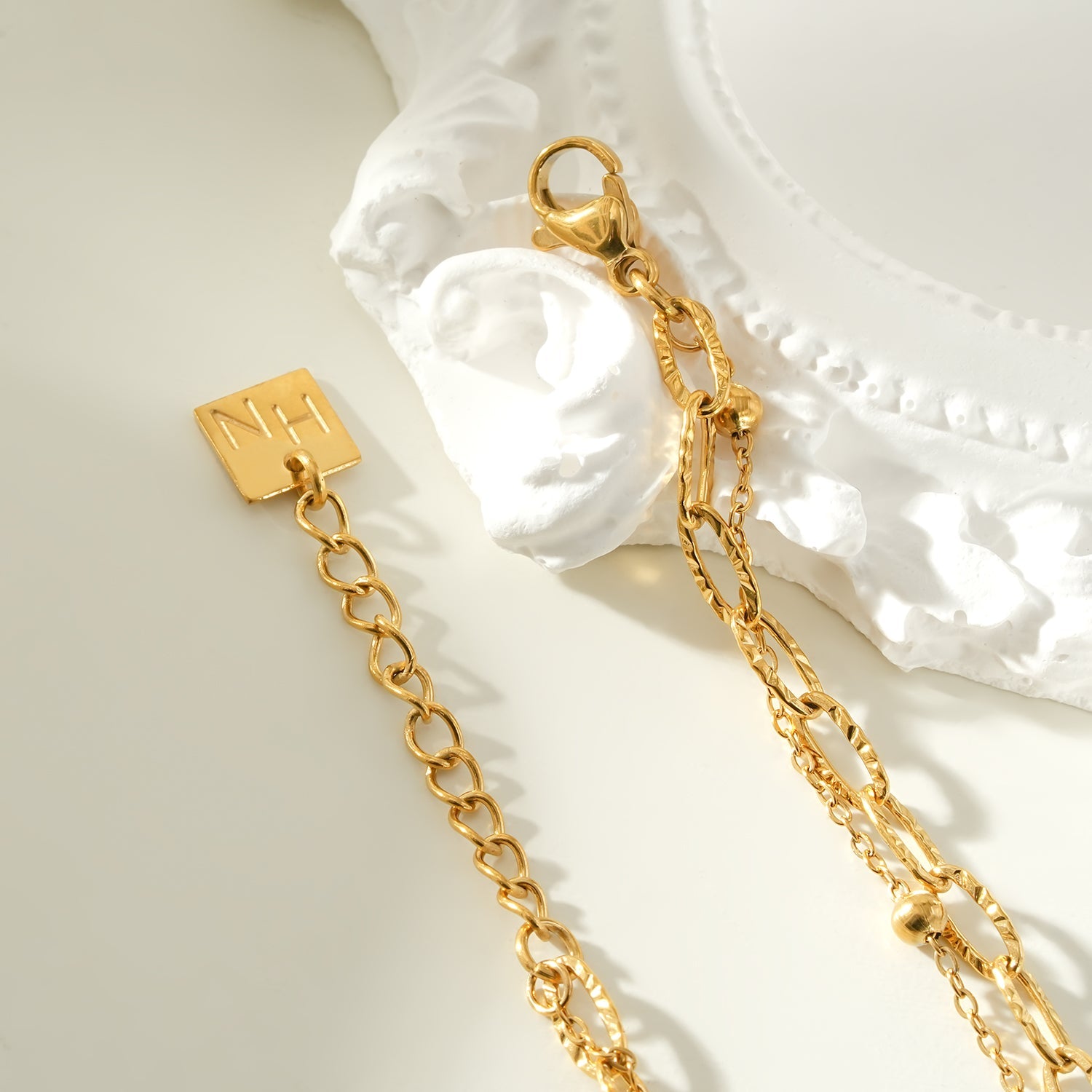 CASTILA Gold Bracelet:  Double Stacked Paper Clip Chain &  Beaded Chain - Dazzle in Duality