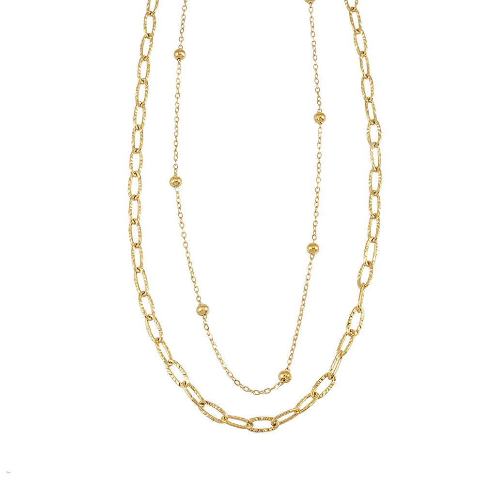 CASTILIA Gold Necklace:  Double Stacked Paper Clip Chain &  Beaded Chain - Dazzle in Duality.