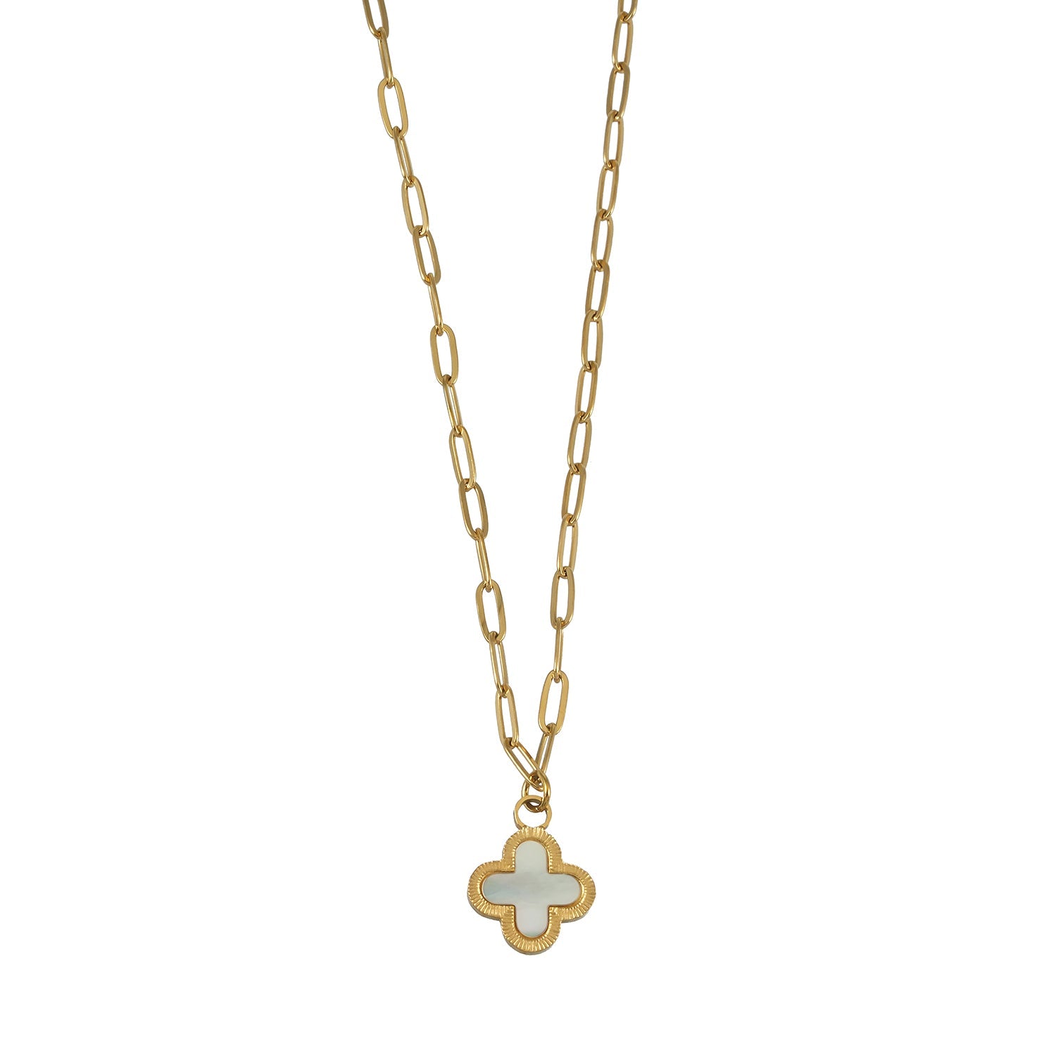 MAKA Gold: Clover Shaped Charm in Natural Shell & Gold Metal Border on a Paperclip Chain