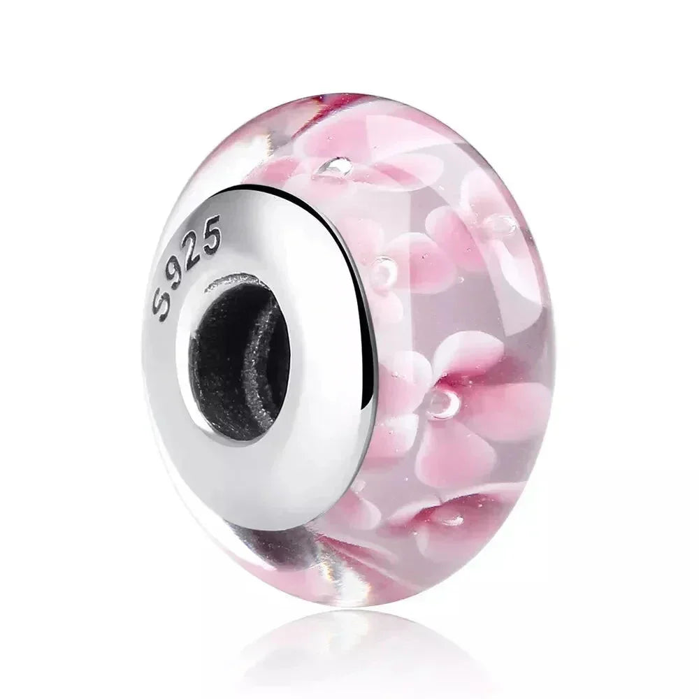 925 Sterling Silver Pink Flower Murano Glass Beads - Diy Bracelet Charms For A Festive Touch (Scz001)