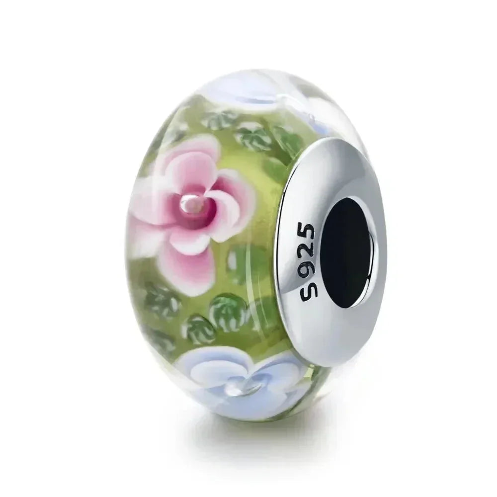 925 Sterling Silver Pink Flower Murano Glass Beads - Diy Bracelet Charms For A Festive Touch (Scz001)