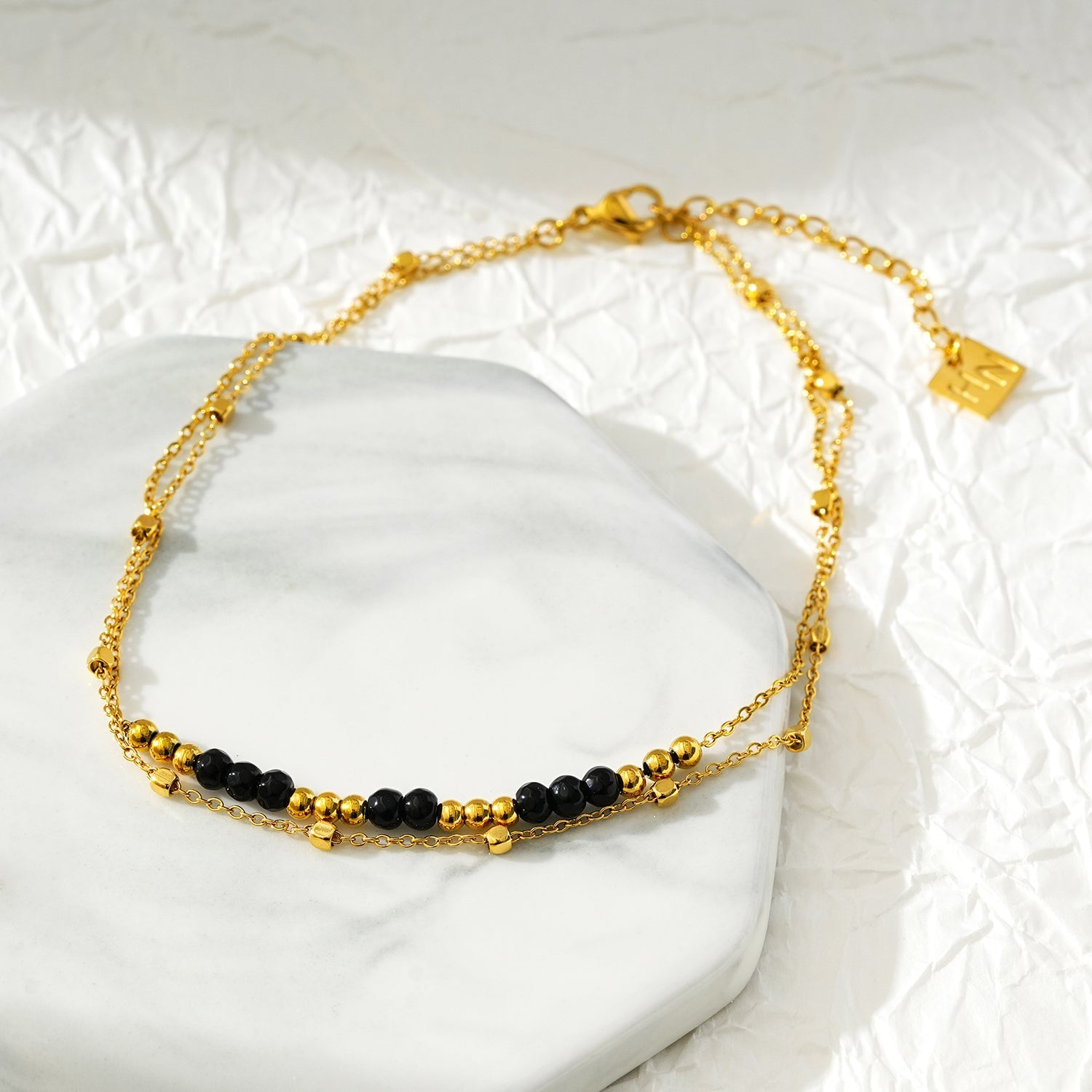 HILDA Gold Necklace: Two-in-One Square Beads & Round Beads in Black & Gold