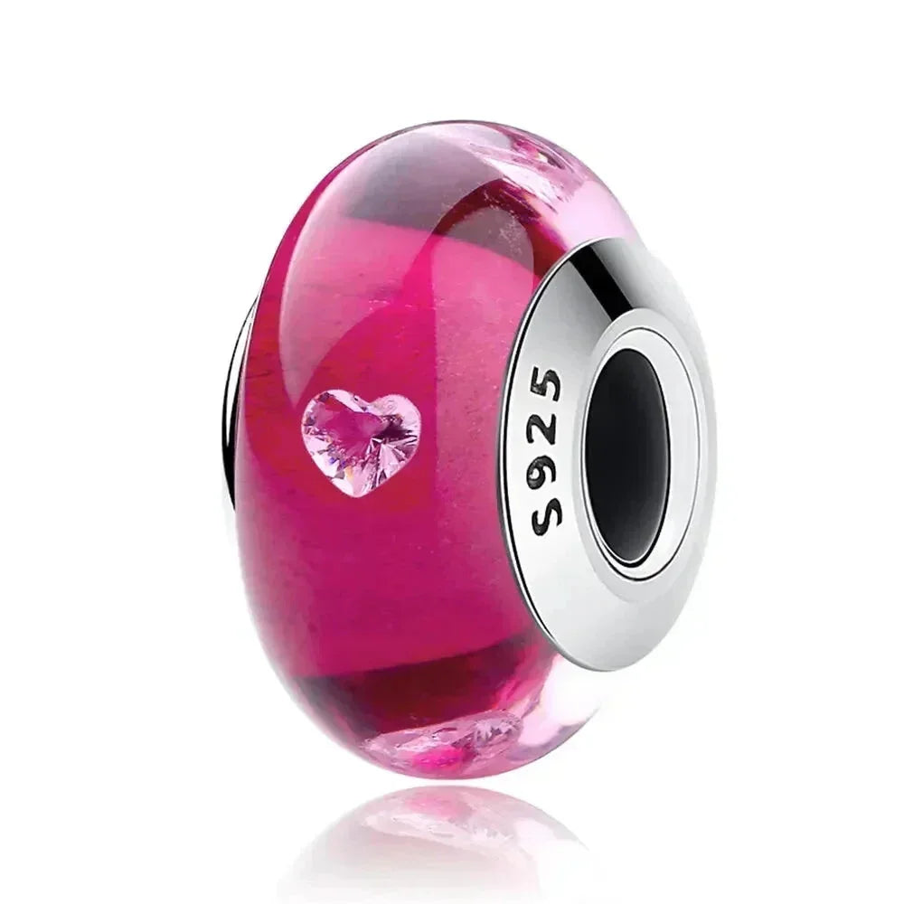 925 Sterling Silver Pink Flower Murano Glass Beads - Diy Bracelet Charms For A Festive Touch (Scz001)
