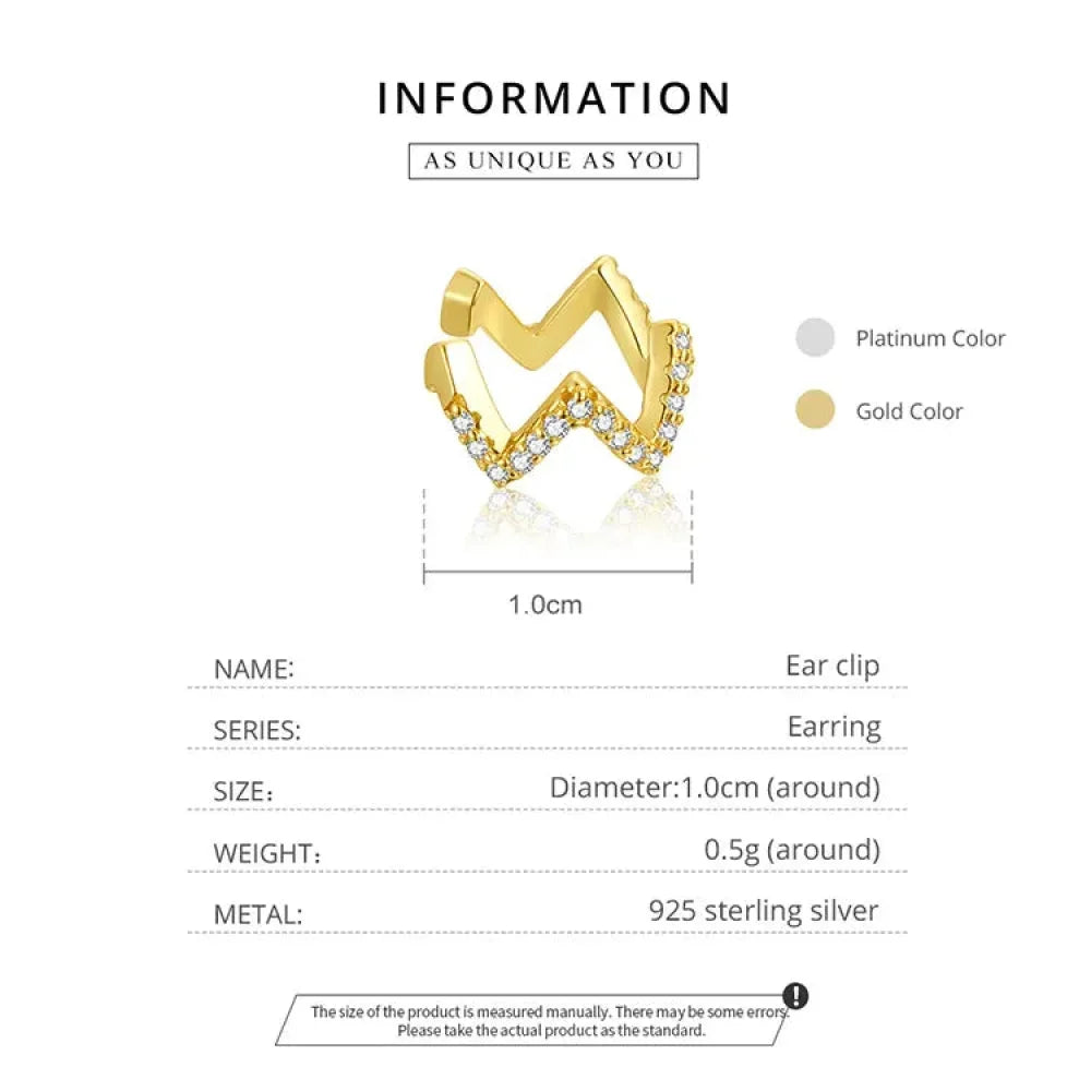 925 Sterling Silver Ear Cuff - Elegant Gold Color Clip Earrings For Women