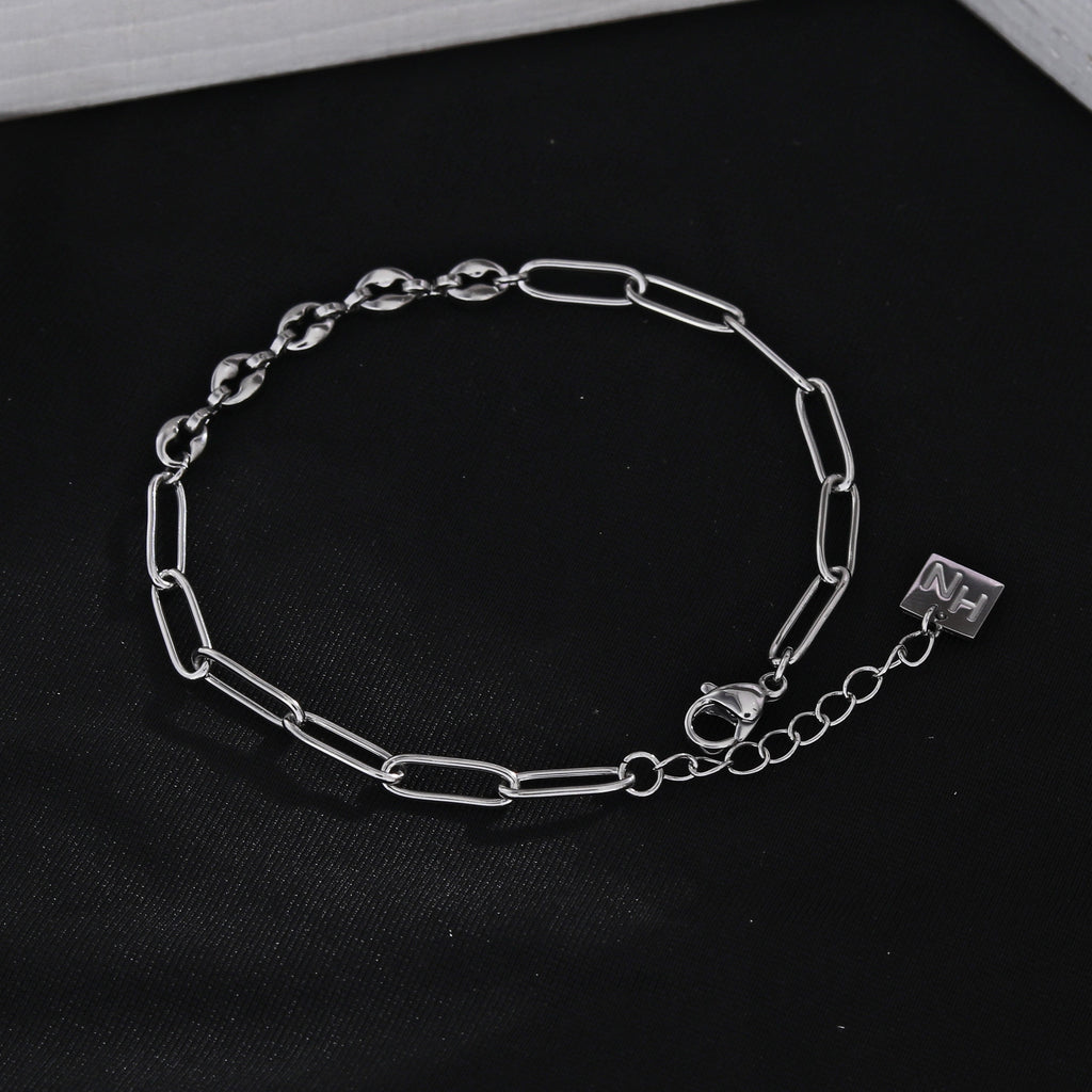 IZARA Paper-Clip & Oval-Beads Chain Bracelet in Silver