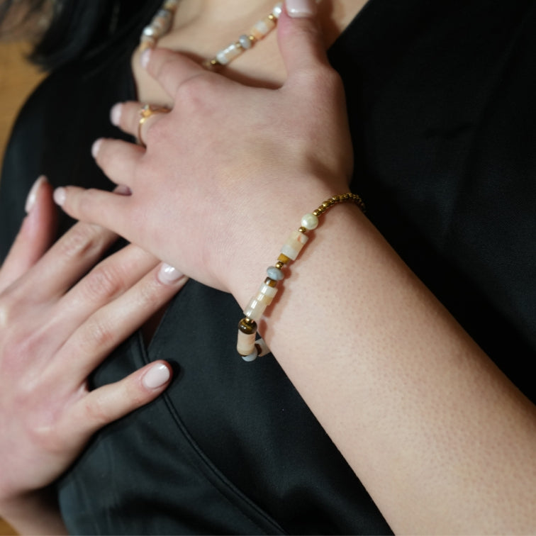 JERASA: Chalcedony Stones, Fresh Water Pearls & Gold Ball-Beaded Bracelet.