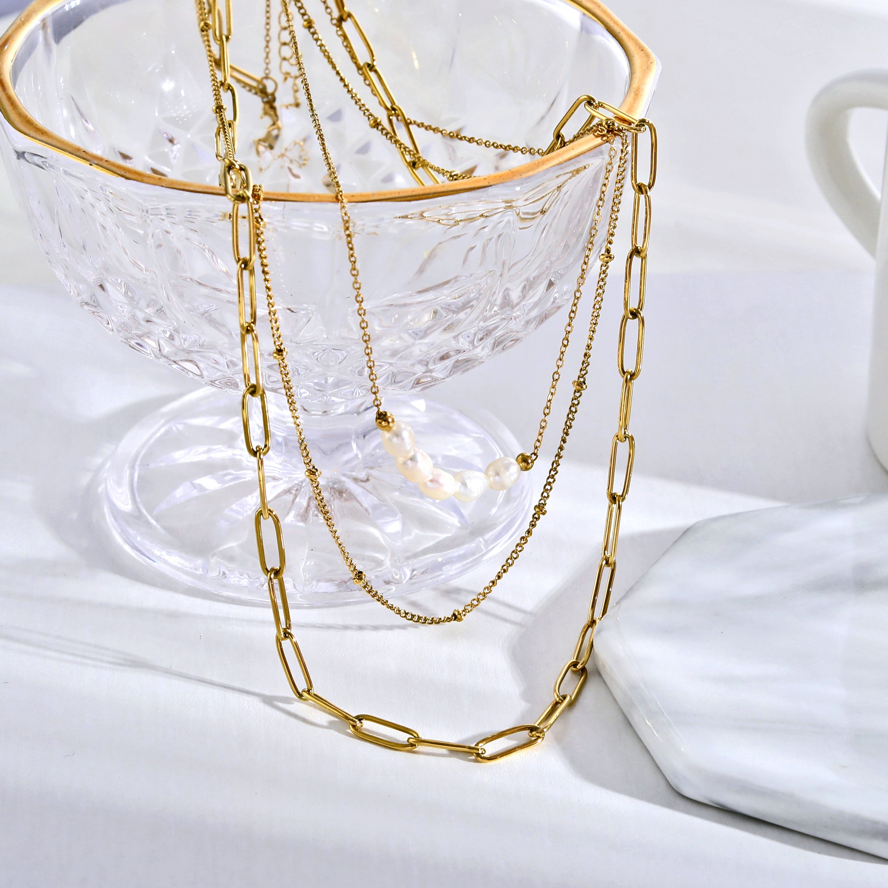 MARLI 3-Layer Multi Chain Gold Necklace featuring Natural Pearls