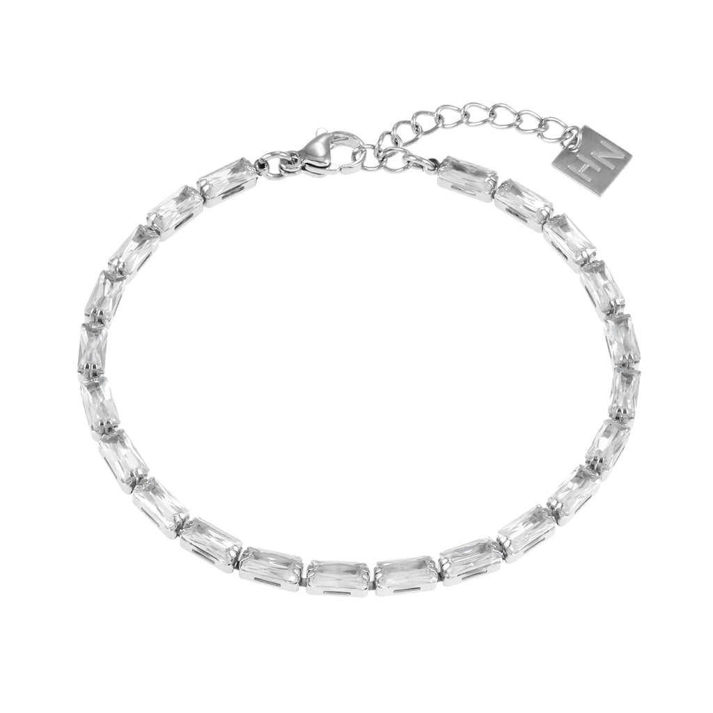 MELLISH: Retro Style Rectangle Zirconia (CZ) Tennis Bracelet in Silver Toned White Gold