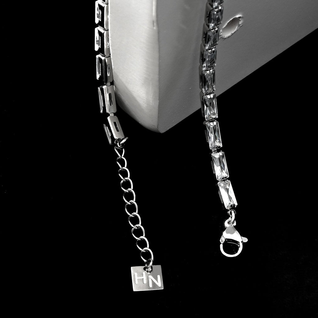 MELLISH: Retro Style Rectangle Zirconia (CZ) Tennis Bracelet in Silver Toned White Gold