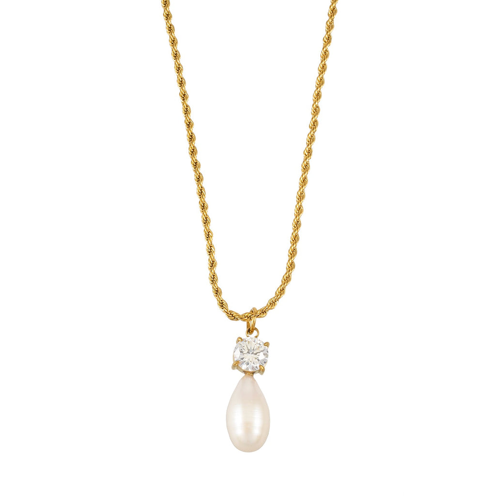 ORSOLIA Gold: Vintage Rope Chain Necklace with Freshwater Pearl & Solitaire Zirconia Charm