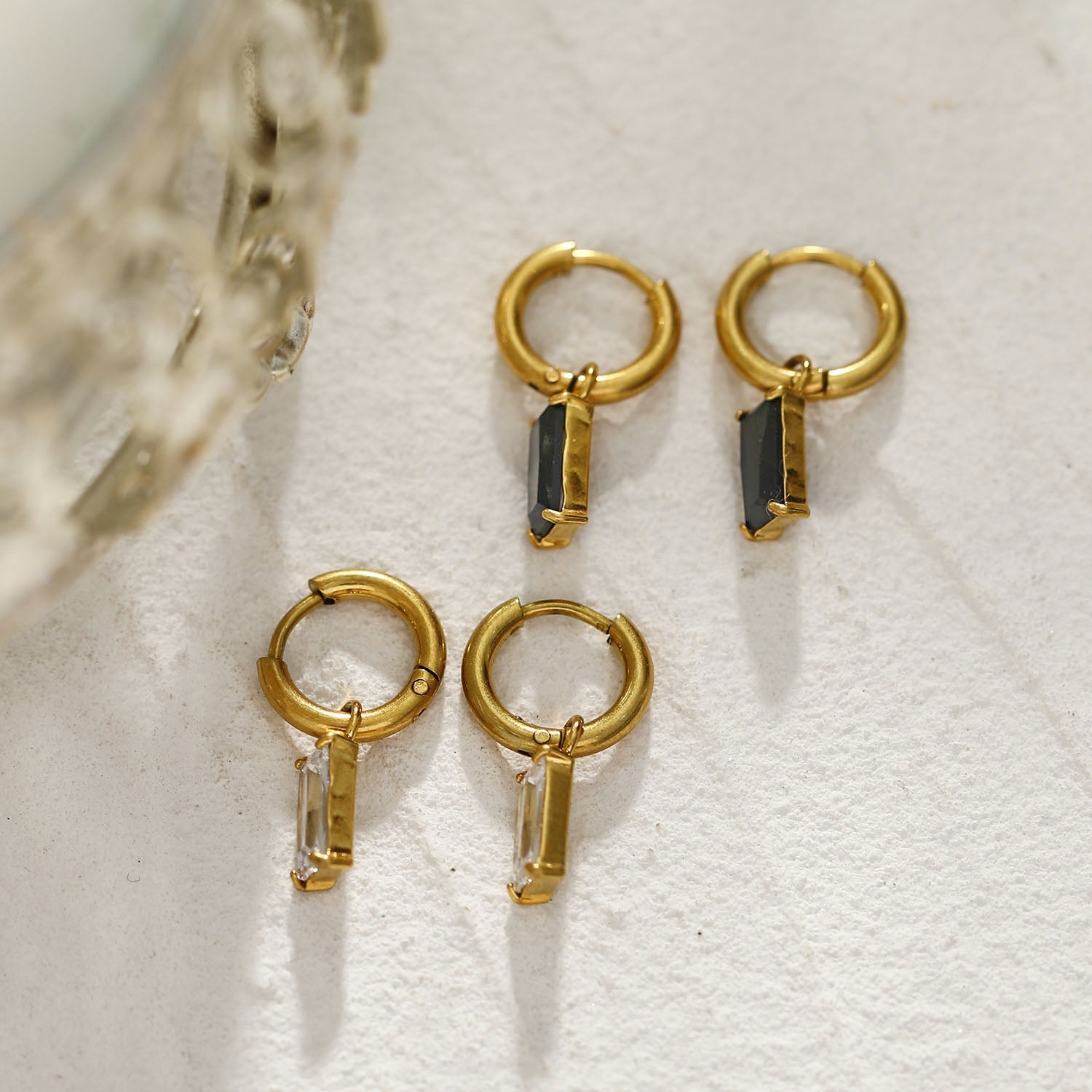 CACA Gold: Vintage Inspired Encased Clear Crystal Drop Hoop Earrings