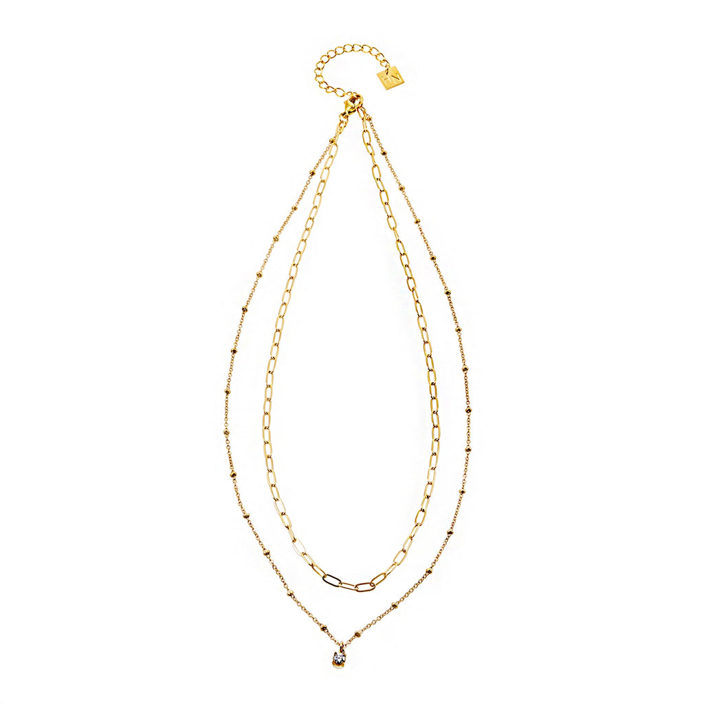 KATERI Gold: Pre-Layered Chains Necklace with a Solitaire Zirconia Charm Pendant