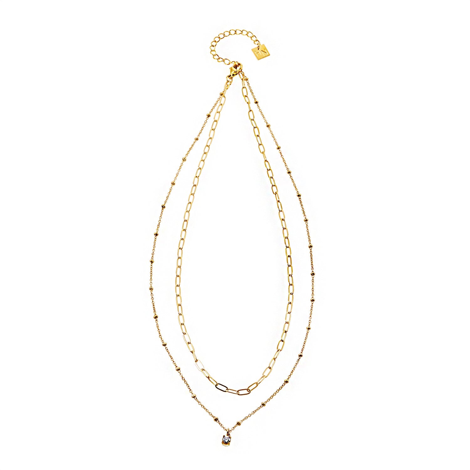 KATERI Gold: Pre-Layered Chains Necklace with a Solitaire Zirconia Charm Pendant
