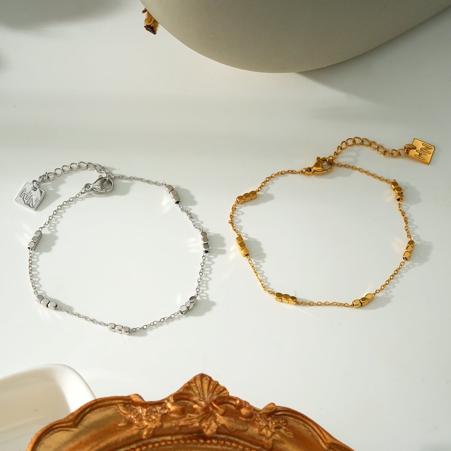 RITIKA: Tiny Square-Beads Dainty Chain Bracelet in White Gold (Silver Toned)