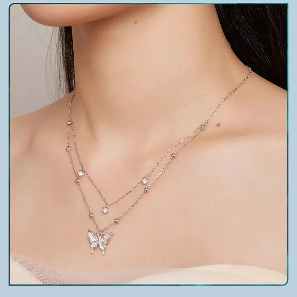 925 Sterling Silver Double-layer Tassel Butterfly Pendant Necklace for Women - Elegant Fine jewelry