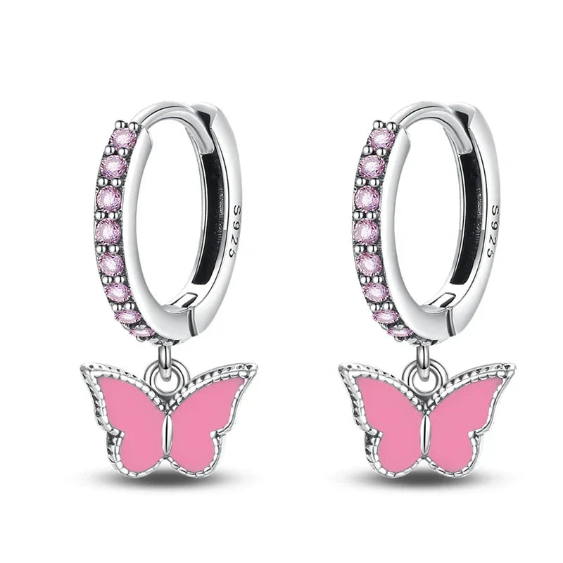 Charming Pink Butterfly Sterling Silver Hoop Earrings With Cubic Zirconia