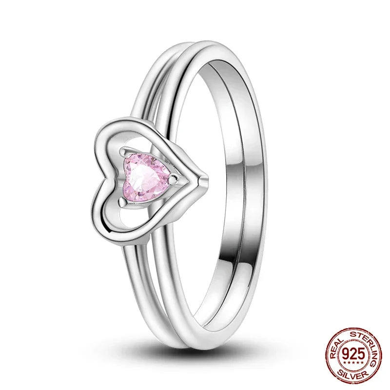 925 Sterling Silver Pink Double Heart Ring