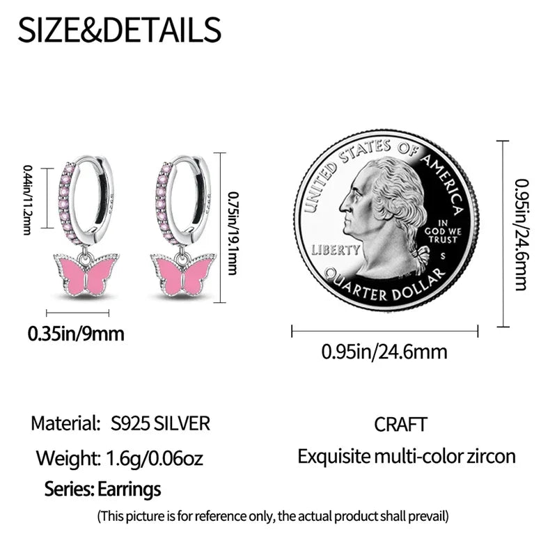 Charming Pink Butterfly Sterling Silver Hoop Earrings With Cubic Zirconia