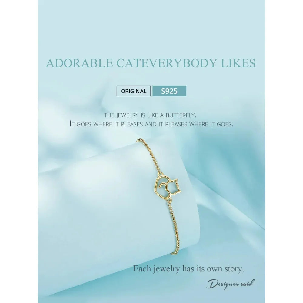 925 Sterling Silver Cat Heart Chain Bracelet