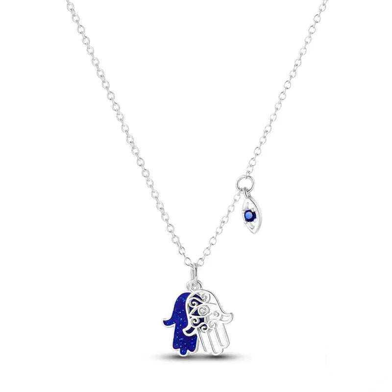Two-Charm Sterling Silver Necklace: Hand-Shaped Pendant & Evil Eye