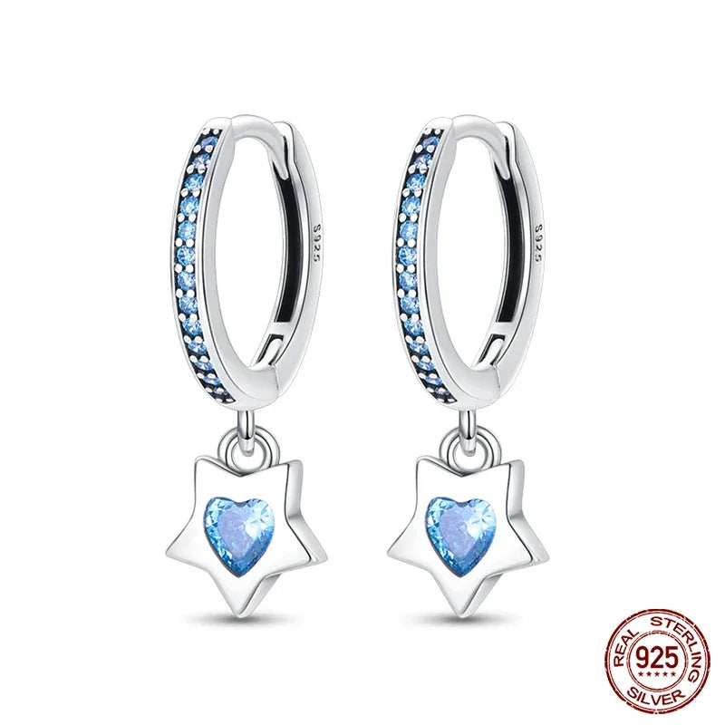 Celestial Charm Sterling Silver Hoop Earrings With Blue Star And Heart
