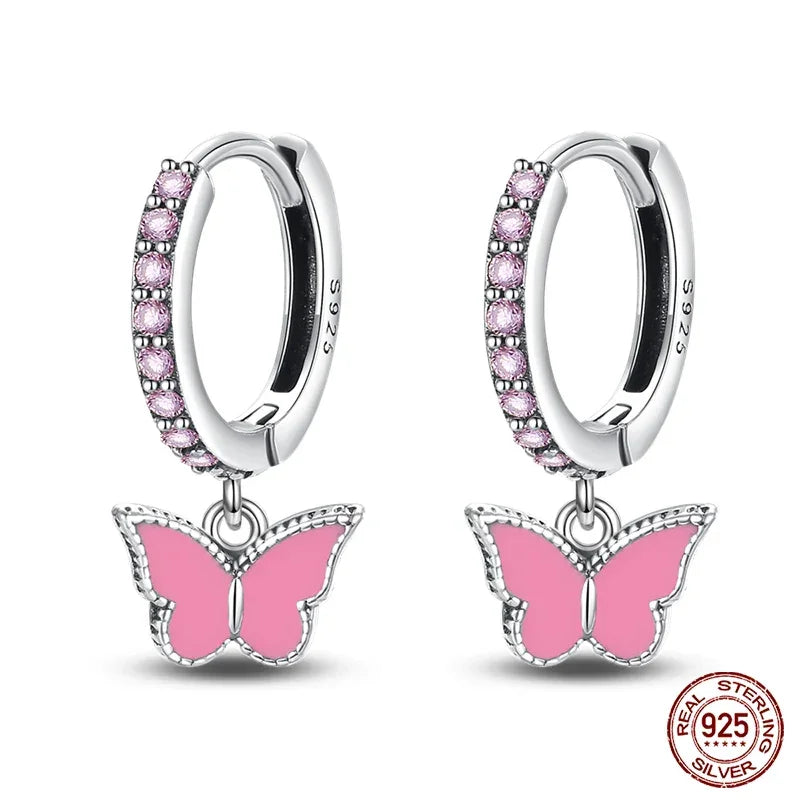 Charming Pink Butterfly Sterling Silver Hoop Earrings With Cubic Zirconia