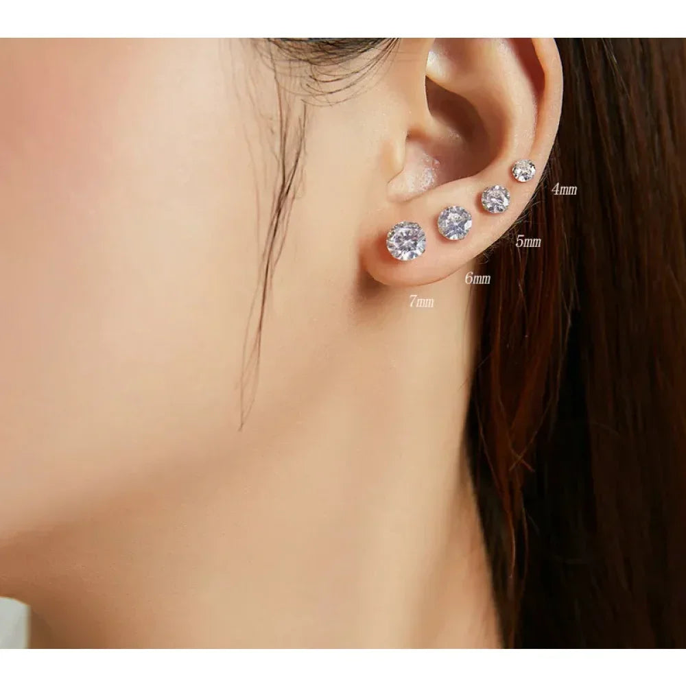 Cz Stud Earrings - 925 Sterling Silver Platinum Plated - Round Cubic Zirconia Hypoallergenic Earrings 4Mm 5Mm 6Mm 7Mm Bse166