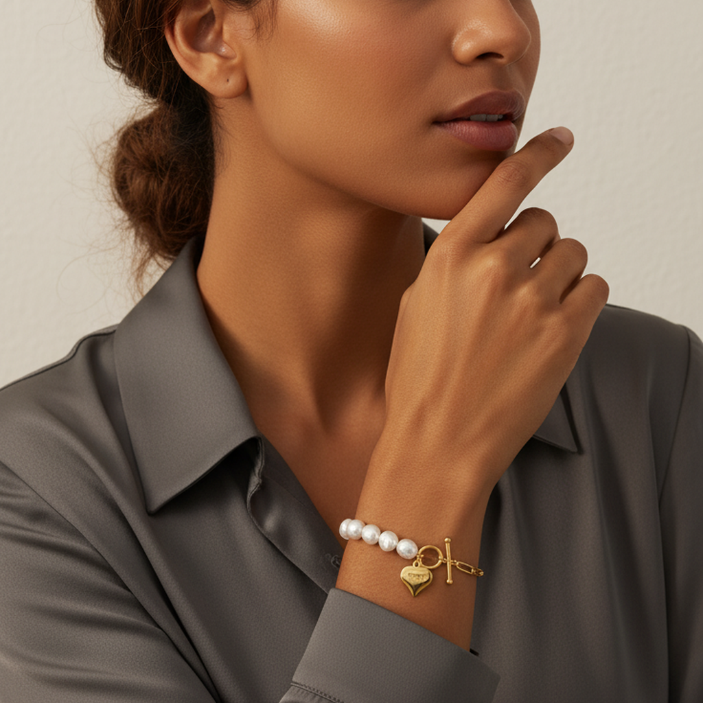 Pearl Heart Charm Bracelet