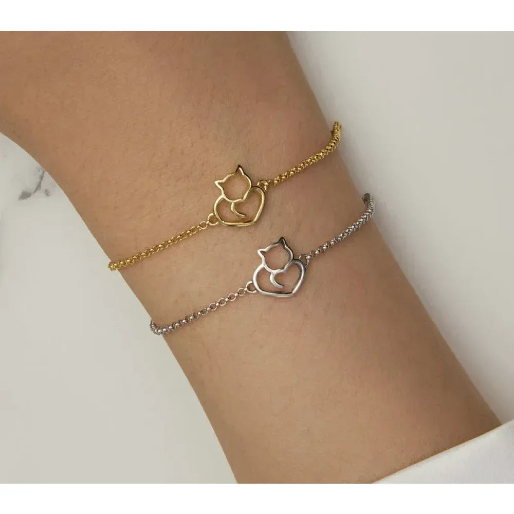 925 Sterling Silver Cat Heart Chain Bracelet
